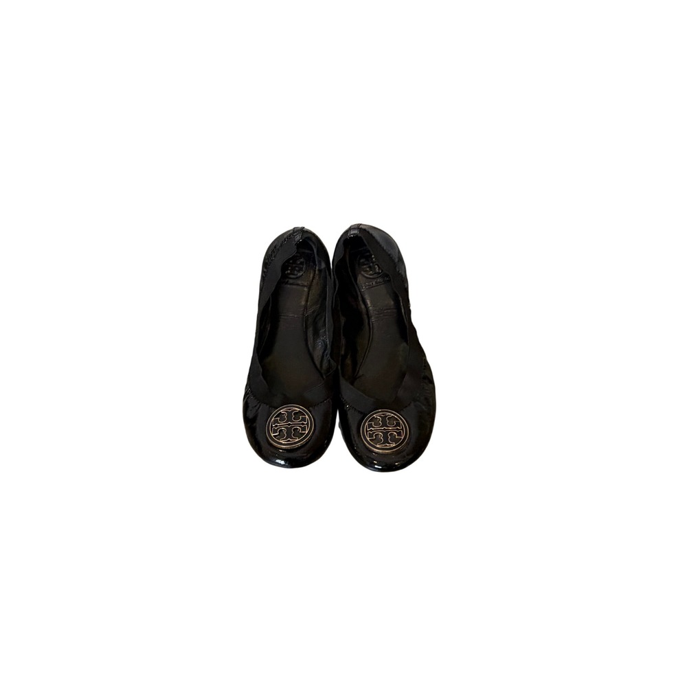 Tory Burch Reva Black Patent Leather Ballet Flats Gold Logo Medallion Size 8M